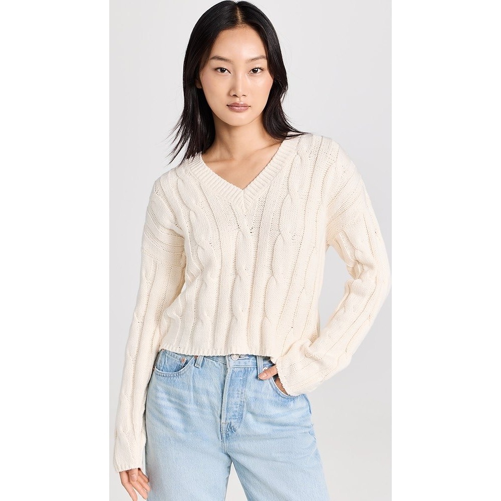 Madewell Cable Knit V-Neck Sweater Long Sleeve Pullover Cream Size S‎
